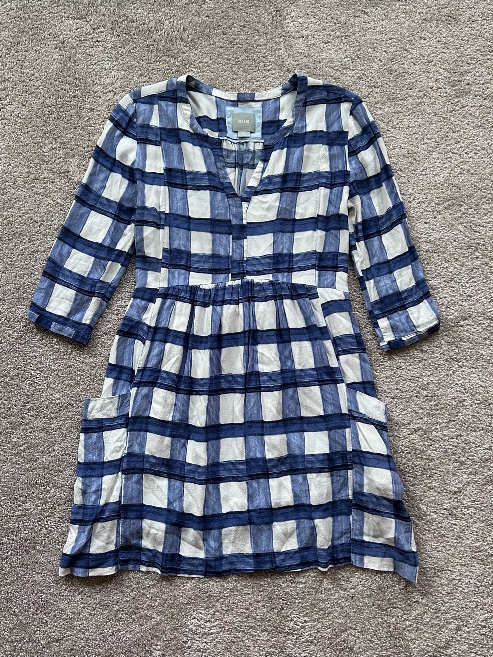 Maeve Anthropologie Blue And White Plaid Split Neck Shirt Dress Size Small - Picture 5 of 13
